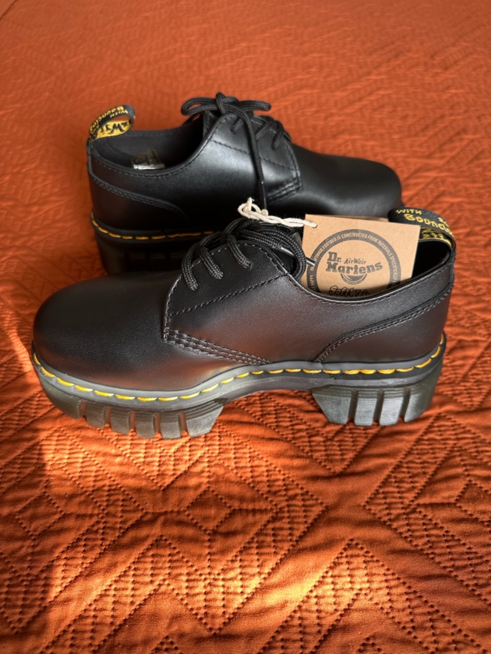 Dr. Martens Black Leather Lug Sole 3-Eye AUDRICK NAPA with Yellow Stitching